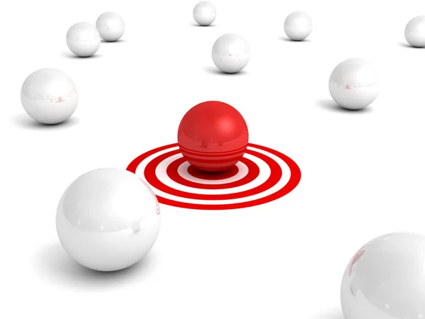 En affärskvinna rapporteringkülönböző piros gömb inother tömeg a cél. üzleti koncepció — Stock Fotó