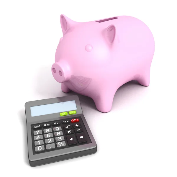 Pink piggy bank with calculatoron white background. Business fin — Stock Photo, Image