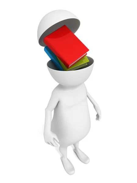 Uomo bianco 3d con libri in testa aperta. leggere il concetto di istruzione — Foto Stock