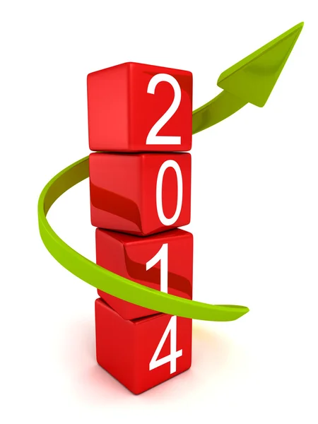 Año 2014 bloques rojos torre y flecha verde crecimiento hasta — Foto de Stock