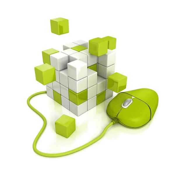 Green computer mouse connect to abstract cubes structure — Stock Photo, Image