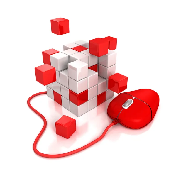 Red computer mouse connect to abstract cubes structure — Stock Photo, Image