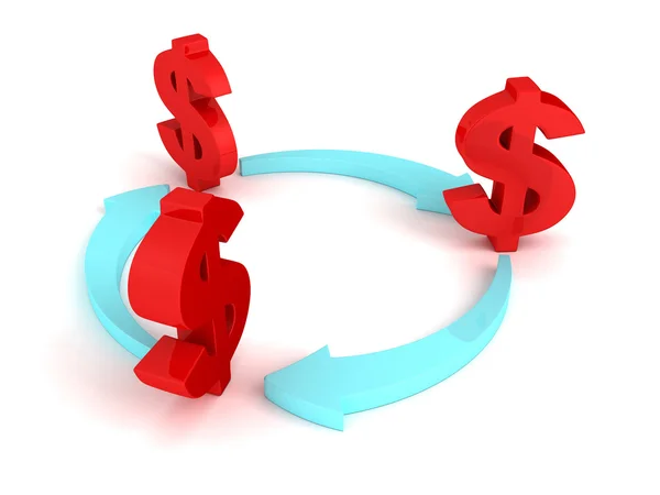 Röd dollarn symboler med cyklade blå pilar affärsidé — Stockfoto