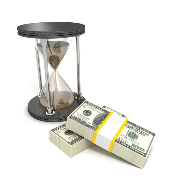 Time is money concept with hundred dollar bills and hourglass — Stock Photo, Image