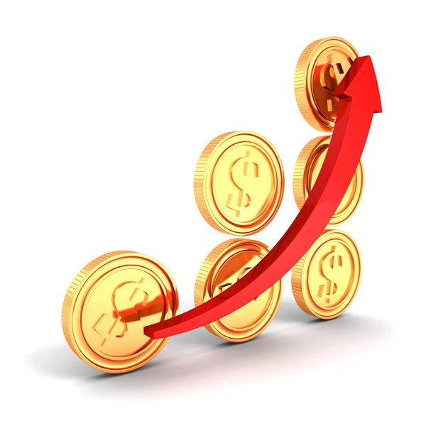 Diagrama de gráfico de barras de moedas de dólar dourado com seta crescente em w — Fotografia de Stock