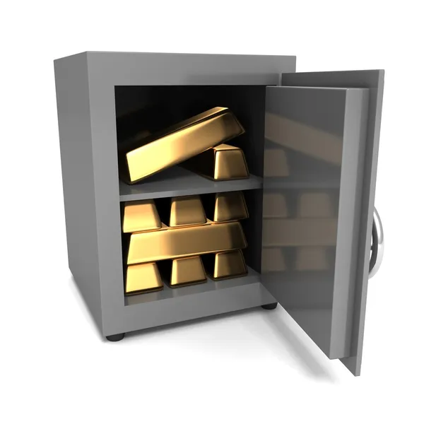 Stack of golden ingots in steel bank vault safe — Stock Photo, Image