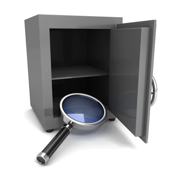 Steel banking safe with a magnifying glass — Stock Photo, Image
