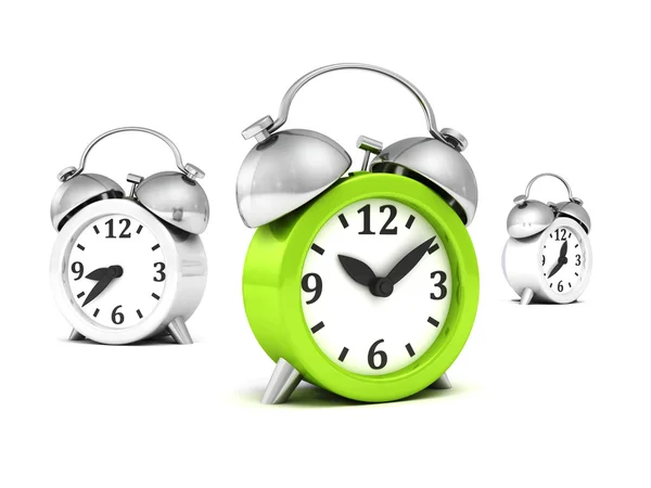 Green alarm clock different out from whites — Stock Photo, Image