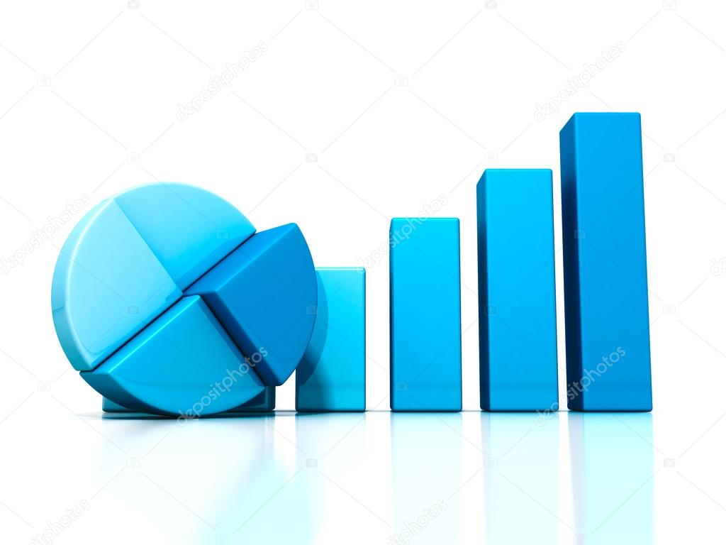 Blue bar and pie graph on reflection. business success