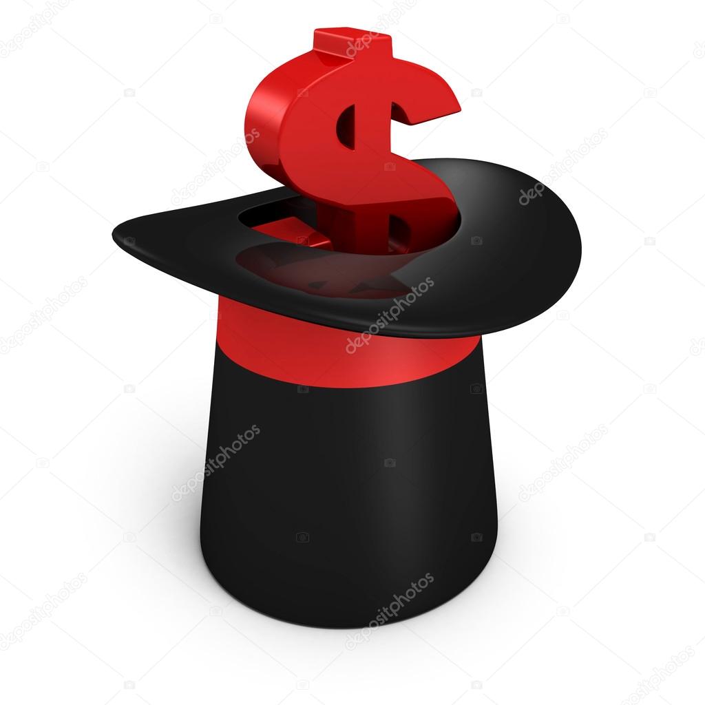 red dollar currency symbol in magic hat cylinder