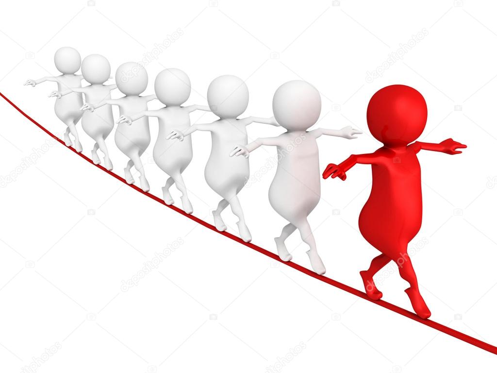 3d leader man with team group walking on wire Stock Photo by