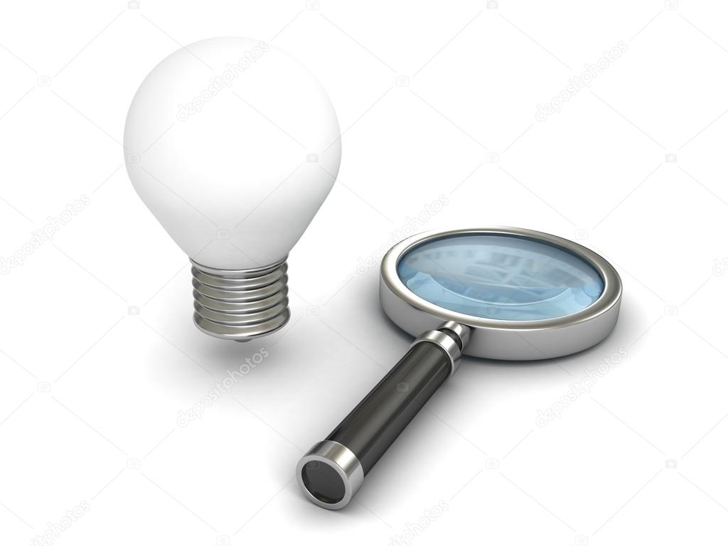 Magnifying glass with light bulb on white background
