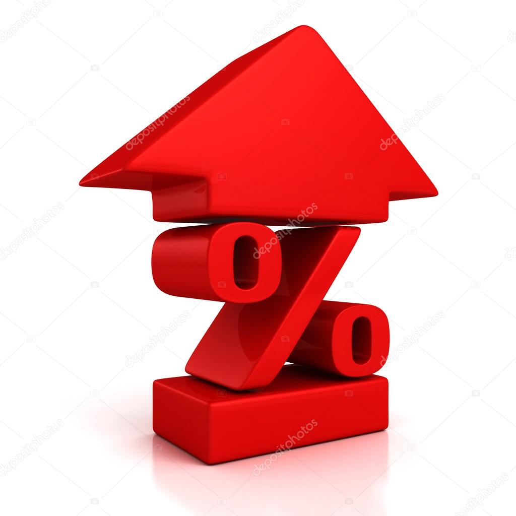 shiny red percent symbol with growing up arrow