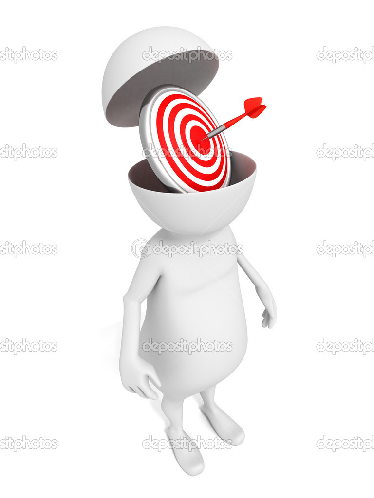 white 3d man with red darts target in opened head