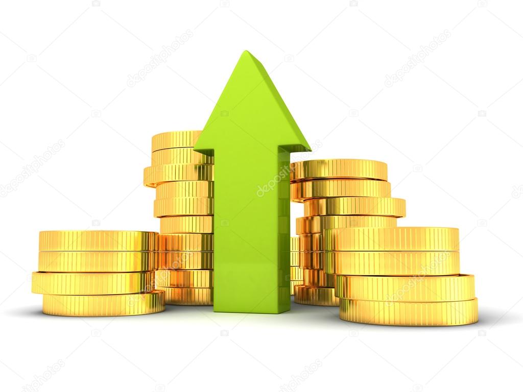 Green arrow and coins stacks grow up on white background — Stock Photo