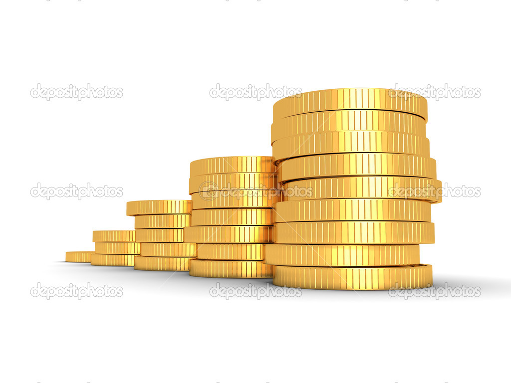 Successful growing golden coins bar chart on white background