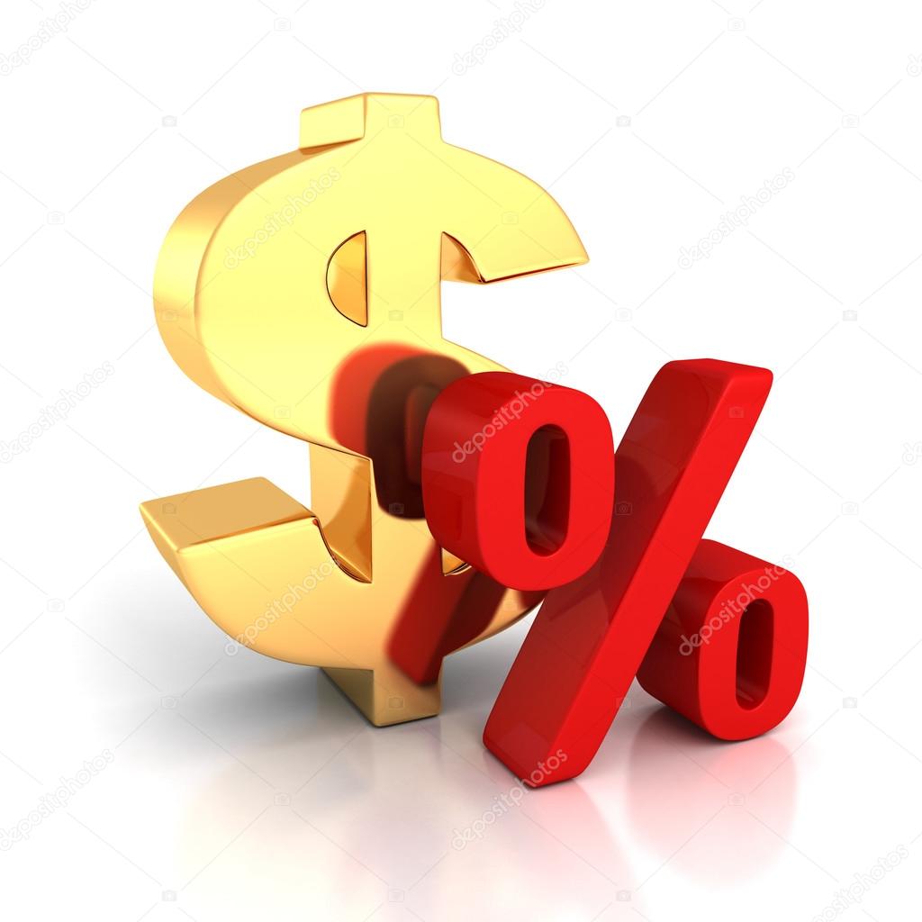 Big golden dollar symbol and red percent sign on white with refl