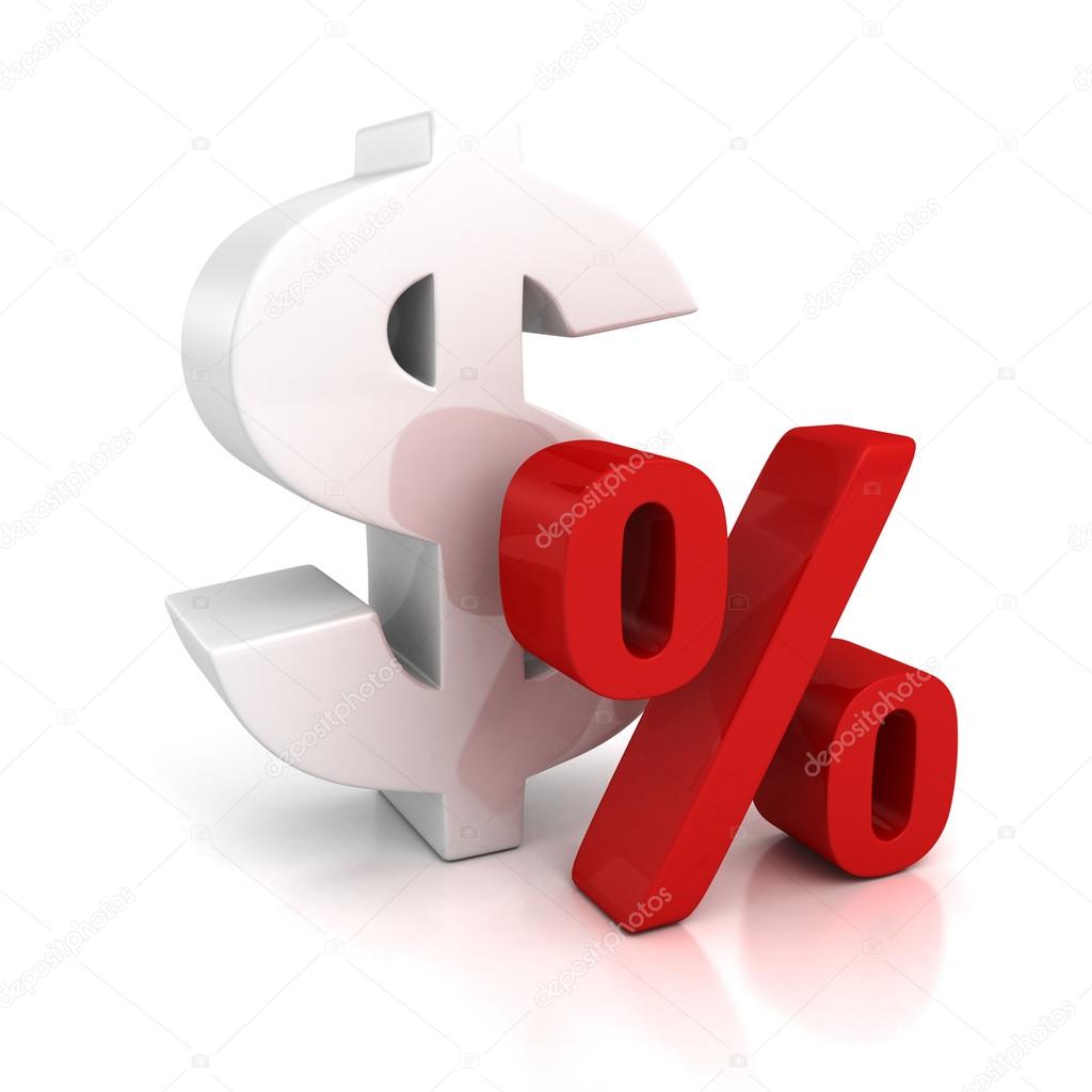 3d big dollar currency symbol and red percent sign