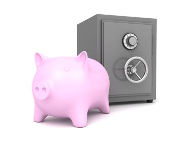 beyaz zemin üzerinde domuz para banka ile güvenli