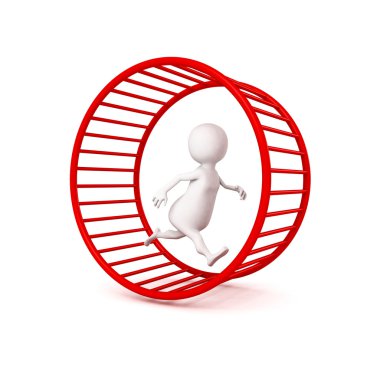 3D beyaz işadamı hamster tekerlek içinde çalışır.