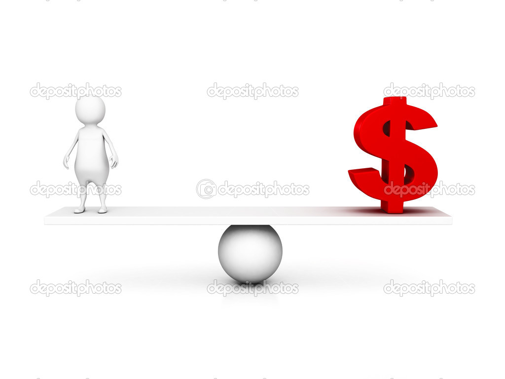 3d man and dollar currency symbol on balance scale