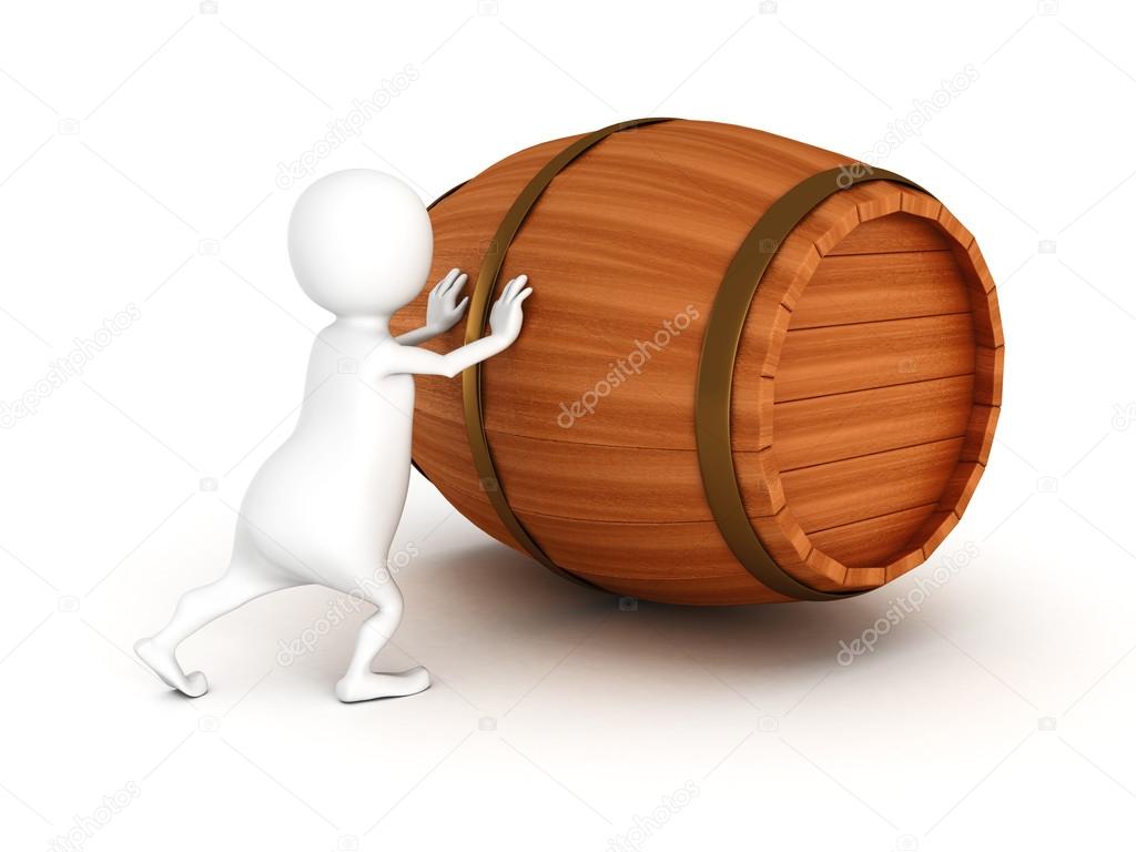 white 3d man push wooden wine barrel