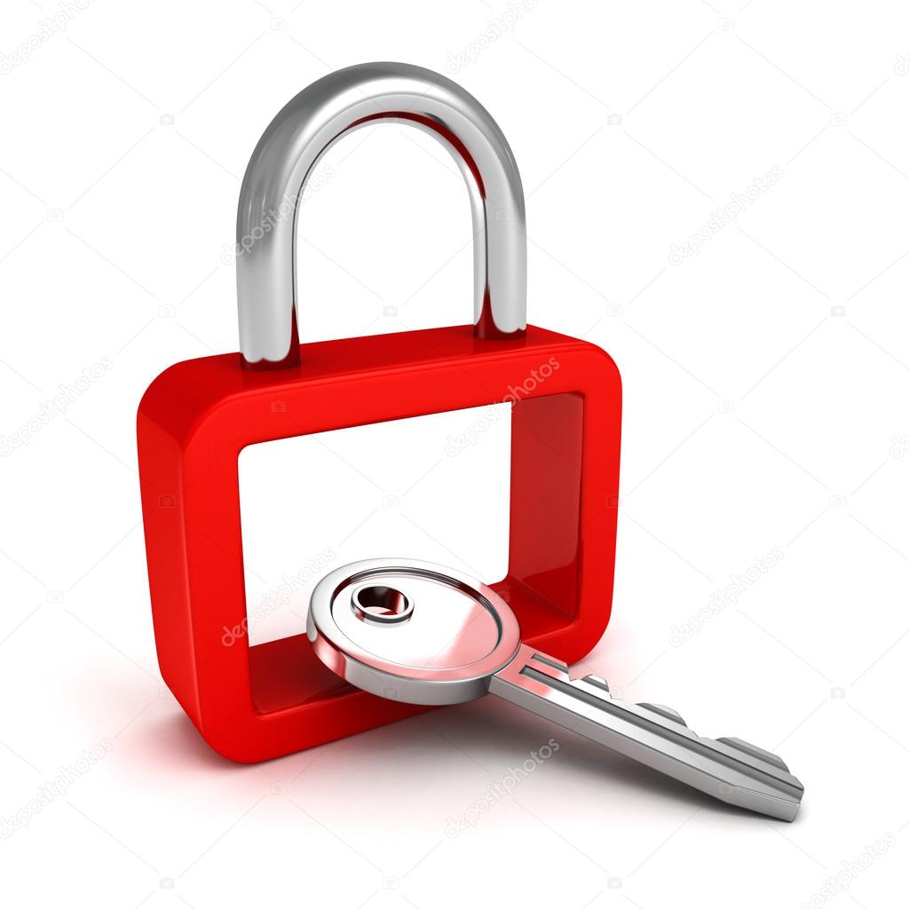 red security padlock with metallic key