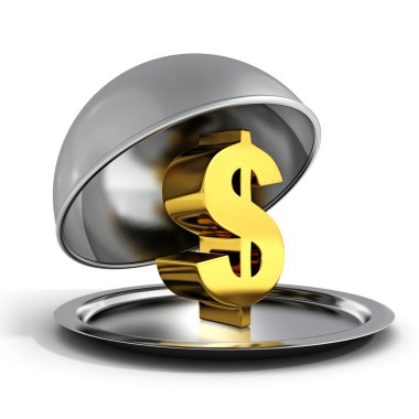 Altın dolar işareti gümüş tabak tepsi