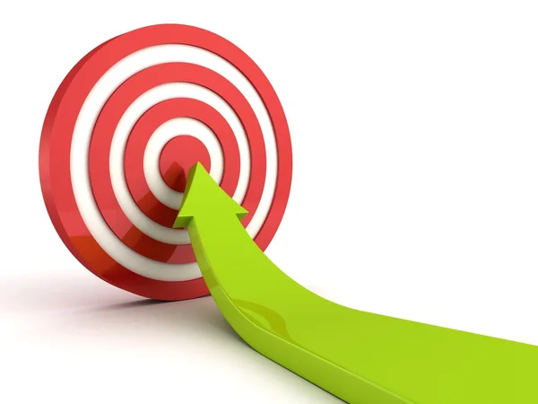 Arrow pointing in center of red target — Stockfoto