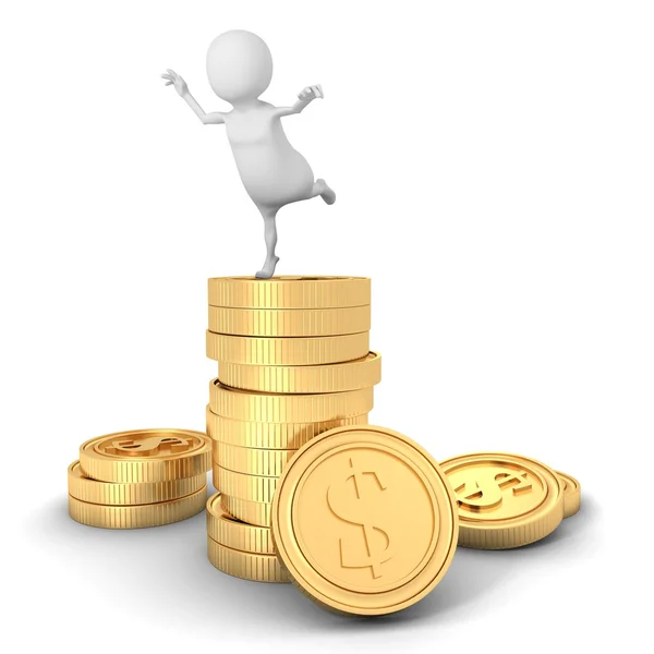 Happy 3d man on stack of golden  coins — Stock Photo, Image