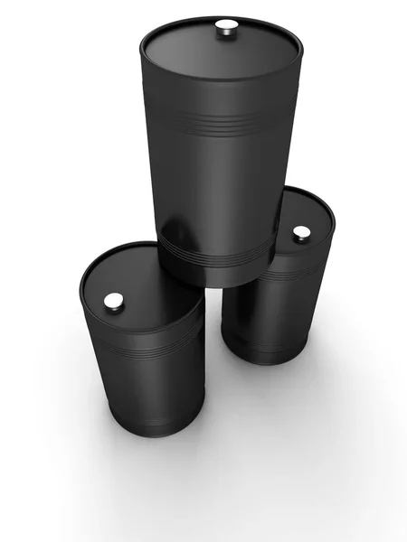 Три бочки с черной нефтью — стоковое фото