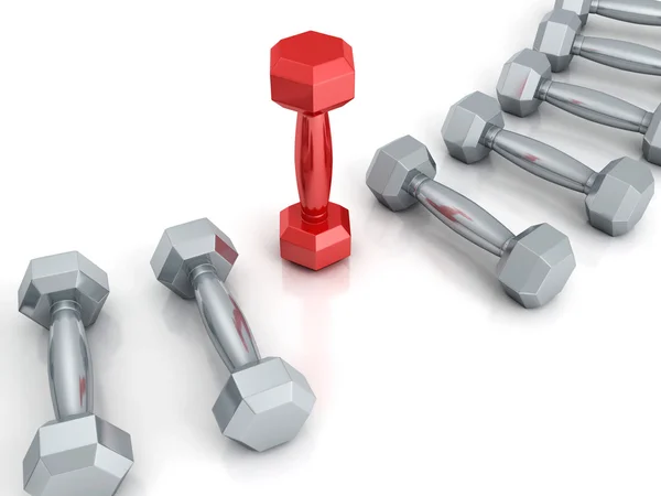 Row of metallic dumbbells with red one — Stock Photo, Image