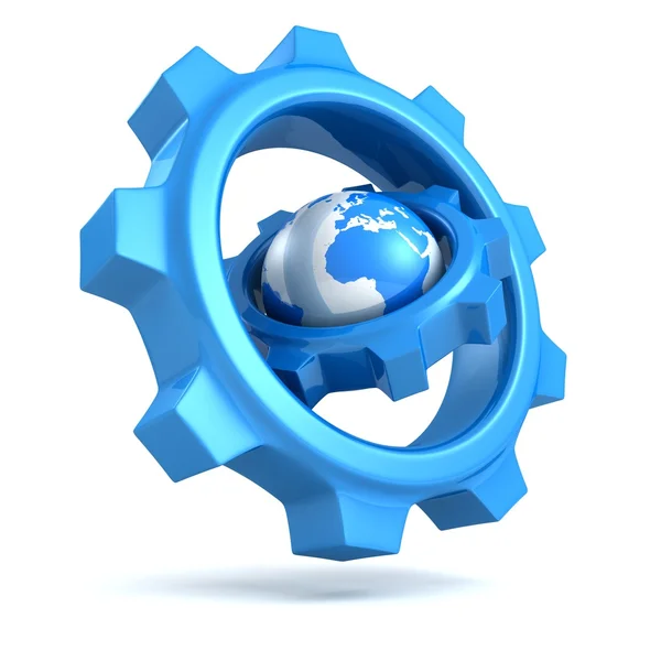 Blue earth globe with big gears around — Stock Photo, Image