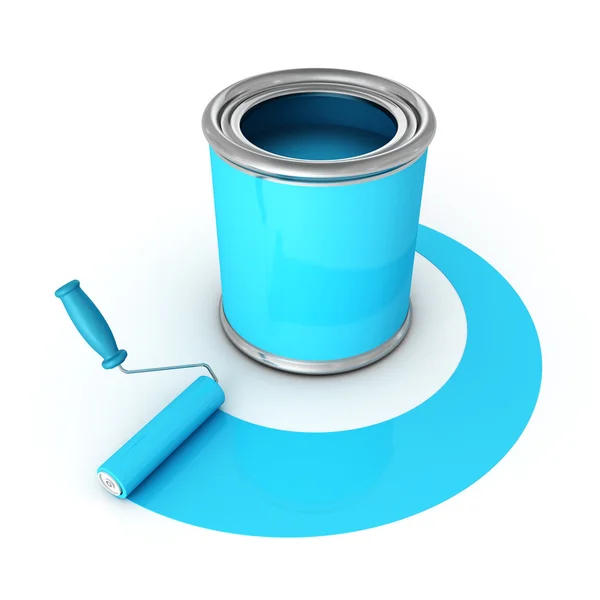 Can with blue paint and roller brush — Stock Photo, Image