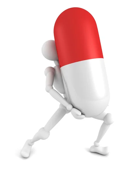 White 3d man hold big red medical pill — Stock Photo, Image