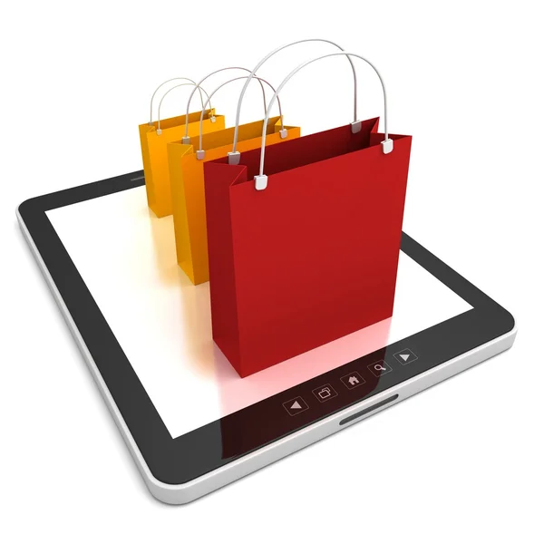 Tablet pc met kleurrijke verkoop zakken — Stockfoto