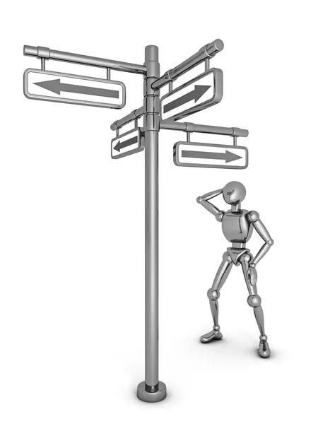 Thinking human figure and crossroad  sign — Stock Photo, Image