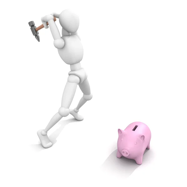 Character swung a hammer  to piggy bank — Stock Photo, Image