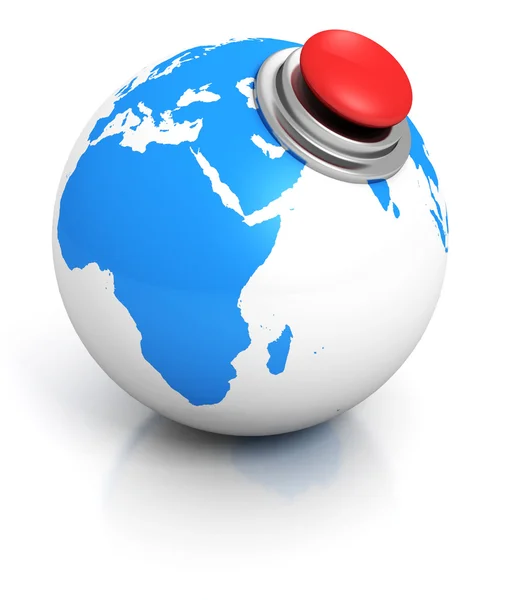 Blue earth globe with red button — Stock Photo, Image