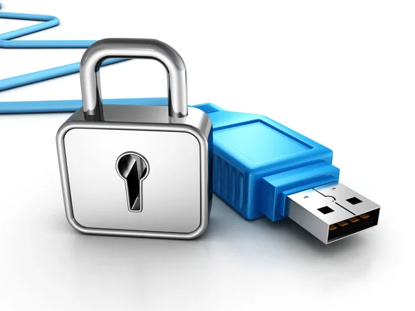 Silver padlock and blue USB — Stock Photo, Image