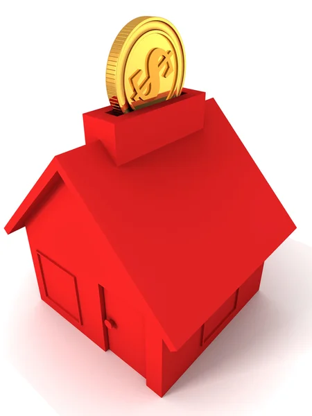 Golden dollar coin into red moneybox — Stock Photo, Image