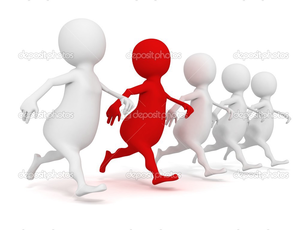 White 3d people walking with red leader