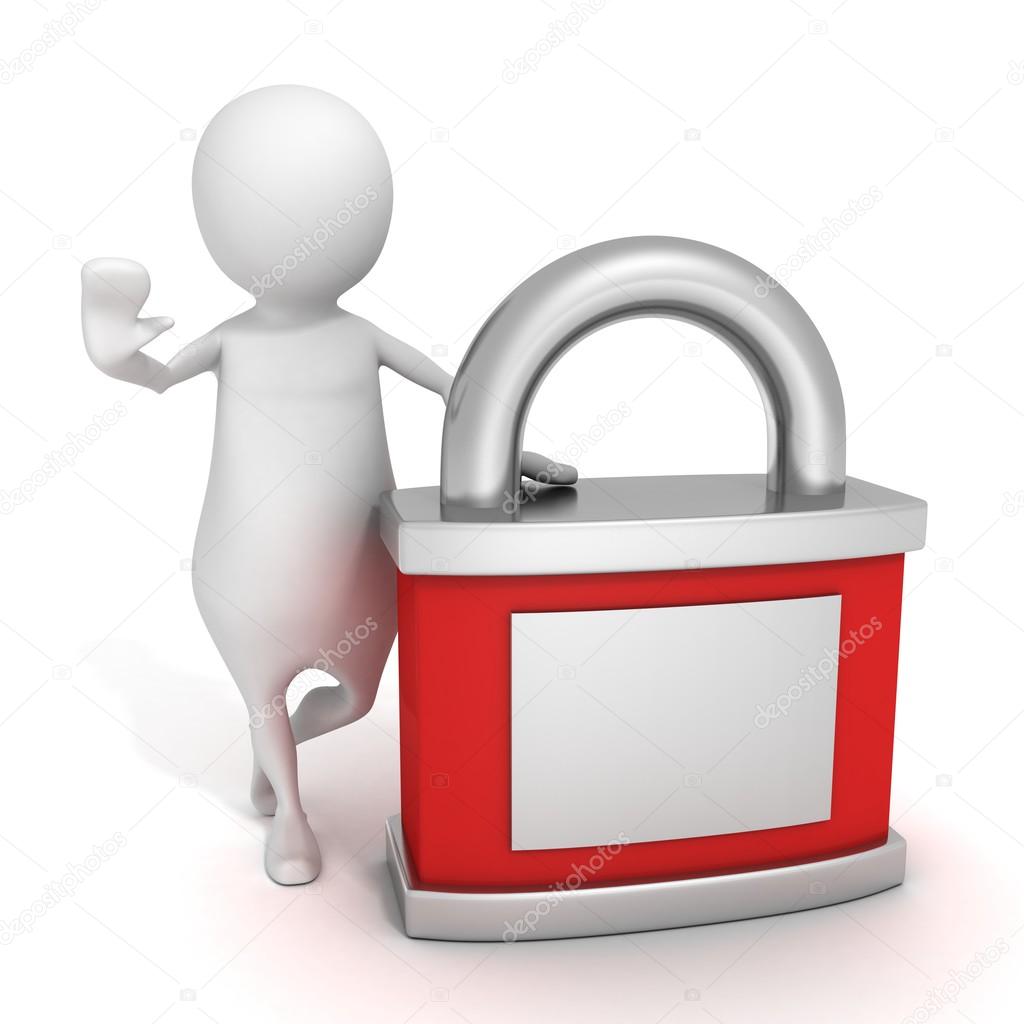 White 3d man with red security padlock