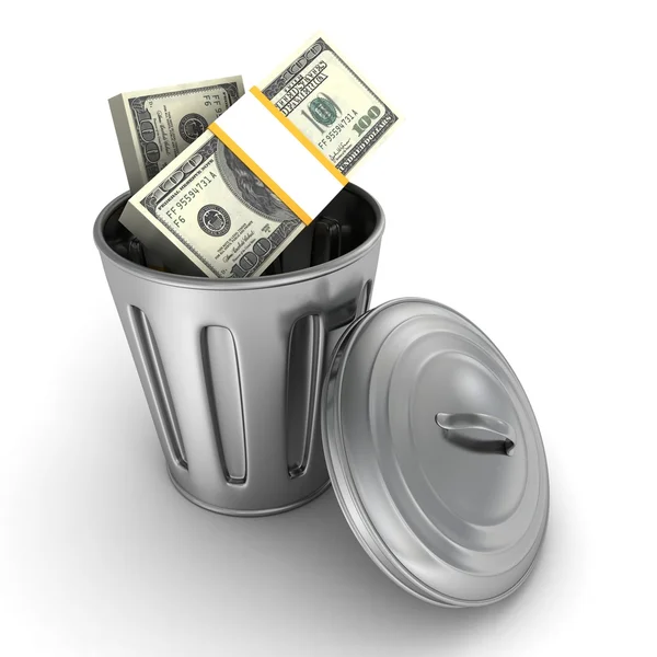 Trash can full of dollars packs — Stock Photo, Image