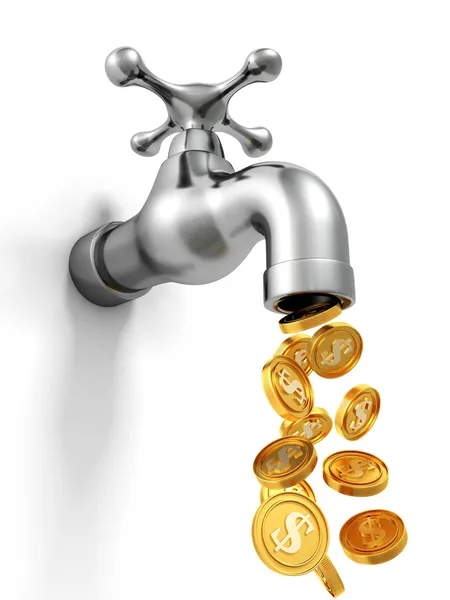 Tropfender Wasserhahn mit Goldmünzen. — Stockfoto