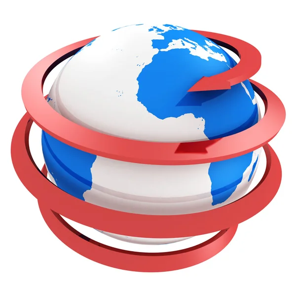 3d blue globe with spiral red arrow — Stock Photo, Image