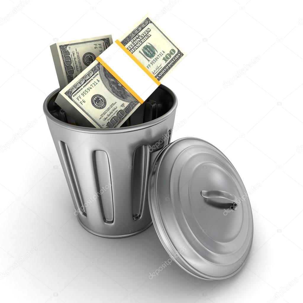 Trash can full of dollars packs