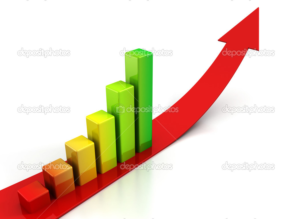 Red arrow and colorful bar graph