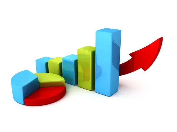 Pie and bar growing charts diagrams with rising arrow — Stock Photo, Image