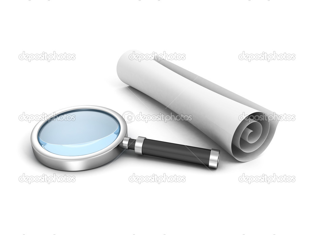 Scroll white paper and magnifying glass